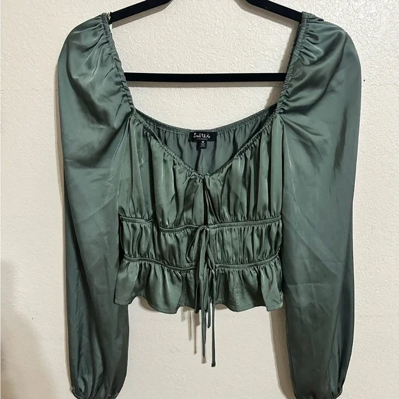 Mixed Threads Tie Front Square Neck Hunter Green Peasant Crop Blouse - Picture 2 of 13